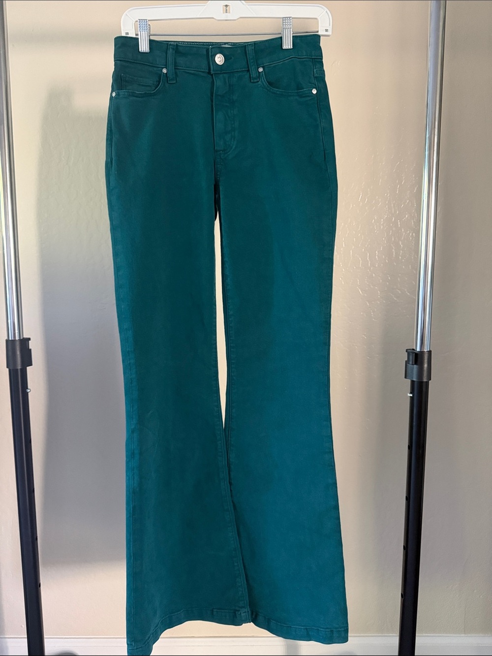 PAIGE Genevieve High Rise Flare Boho Chic 70s Jeans Green Teal Emerald 27